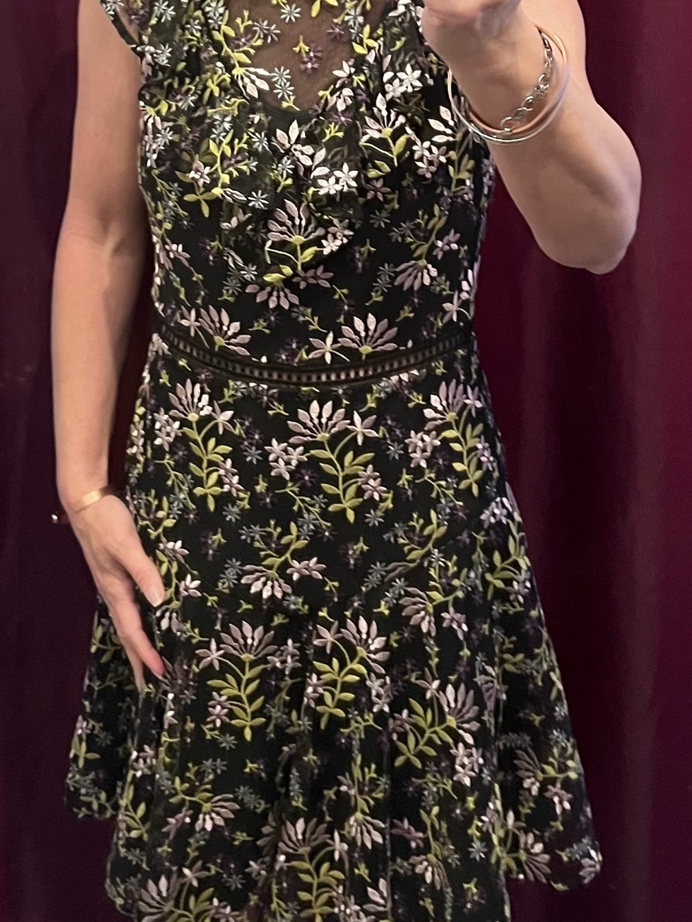Monique Lhuillier Black Midi Dress with Green and Light Pink Floral Embroidery
